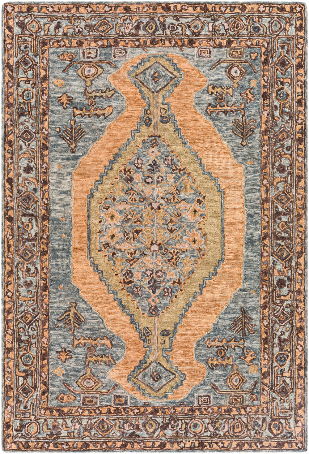 Urfa URF-2303 Traditional Wool Rug URF2303-81012 Camel, Peach, Aqua, Denim, Ice Blue, Khaki, Dark Brown, Charcoal, Light Gray 100% Wool 8'10" x 12'