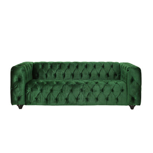 Sagewood Contemporary Velvet Tufted 3 Seater Sofa, Emerald and Espresso Noble House