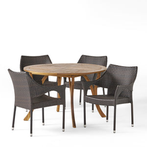 Noble House Laurent Outdoor 5 Piece Acacia Wood and Wicker Dining Set, Teak with Multi Brown Chairs