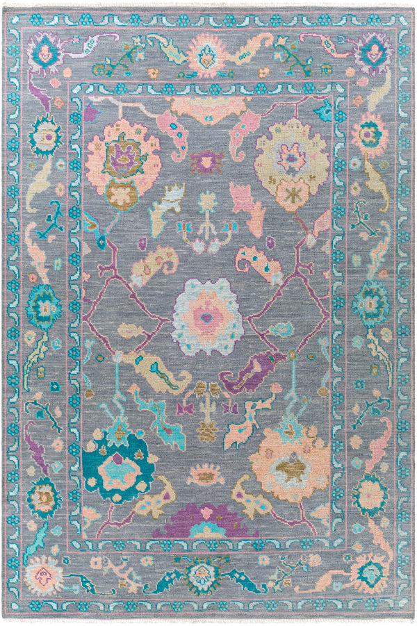 Ushak USK-2300 Traditional Wool Rug USK2300-69 Butter, Pale Pink, Teal, Aqua, Bright Purple, Medium Gray 100% Wool 6' x 9'