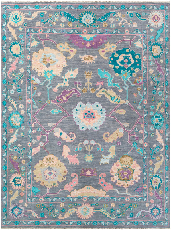 Ushak USK-2300 Traditional Wool Rug USK2300-81012 Butter, Pale Pink, Teal, Aqua, Bright Purple, Medium Gray 100% Wool 8'10" x 12'
