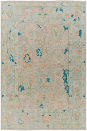 Ushak USK-2301 Traditional Wool Rug USK2301-69 Pale Pink, Teal, Beige, Pale Blue, Mint 100% Wool 6' x 9'