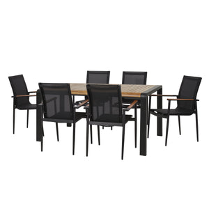 Noble House Homan Outdoor Mesh and Acacia Wood 7 Piece Dining Set, Black and Teak