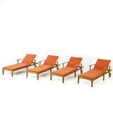 Perla Outdoor Teak Finish Chaise Lounge with Orange Water Resistant Cushion Noble House
