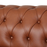 Litch Chesterfield Leather Tufted 3 Seater Sofa with Nailhead Trim, Cognac Brown and Brown Noble House