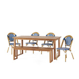 Noble House Pepple Outdoor Acacia Wood and Wicker 6 Piece Dining Set with Bench, Teak, Blue, and White