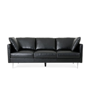 Brockbank Modern Faux Leather 3 Seater Sofa with Pillows, Midnight Black and Silver Noble House