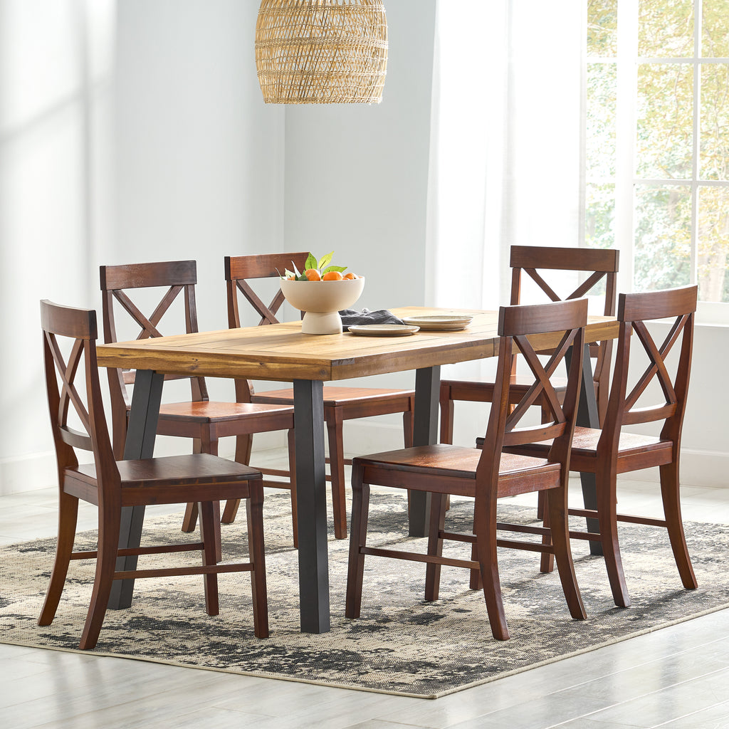 Waldron Farmhouse Acacia Wood and Iron 7 Piece Dining Set, Natural, Rustic Metal, and Rich Mahogany Noble House
