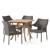 Carroll Outdoor 5 Piece Acacia Wood/ Wicker Dining Set, Teak Finish and Multibrown Noble House