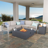 Cape Coral Outdoor Khaki V Shaped Sofa Set with Dark Grey Fire Table Noble House
