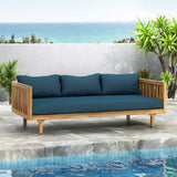 Claremont Outdoor 3 Seater Acacia Wood Daybed with Cushions, Teak and Dark Teal Noble House