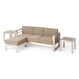 Noble House Cape Coral Outdoor 3 Seater Aluminum Sofa and Ottoman Set with Side Tables, Silver and Khaki