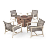 Hampton Outdoor 4 Piece Wood and Wicker Club Chair Set with Fire Pit, Light Gray with Mixed Black and Brown Noble House