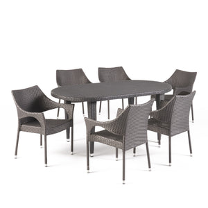 Tinos Outdoor 7 Piece Grey Wicker Oval Dining Set with Stacking Chairs Noble House