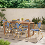 Noble House Pepple Outdoor Acacia Wood and Wicker 7 Piece Dining Set, Teak, Blue, and White