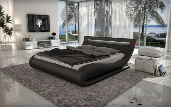 VIG Furniture Queen Modrest Corsica - Contemporary Black Leatherette Bed with Headboard Lights VGINCORSICA-BLK-Q