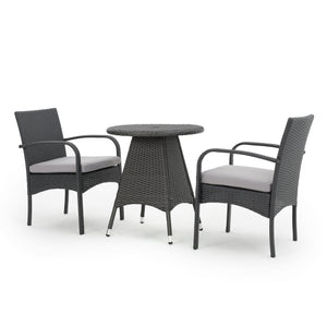 Peterson Outdoor 3 Piece Grey Wicker Bistro Set with Cushions Noble House