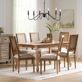 Noble House Regan French Country Fabric Upholstered Wood and Cane Expandable 7 Piece Dining Set, Natural Brown and Beige