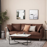 Brockbank Modern Faux Leather 3 Seater Sofa with Pillows, Dark Brown and Silver Noble House