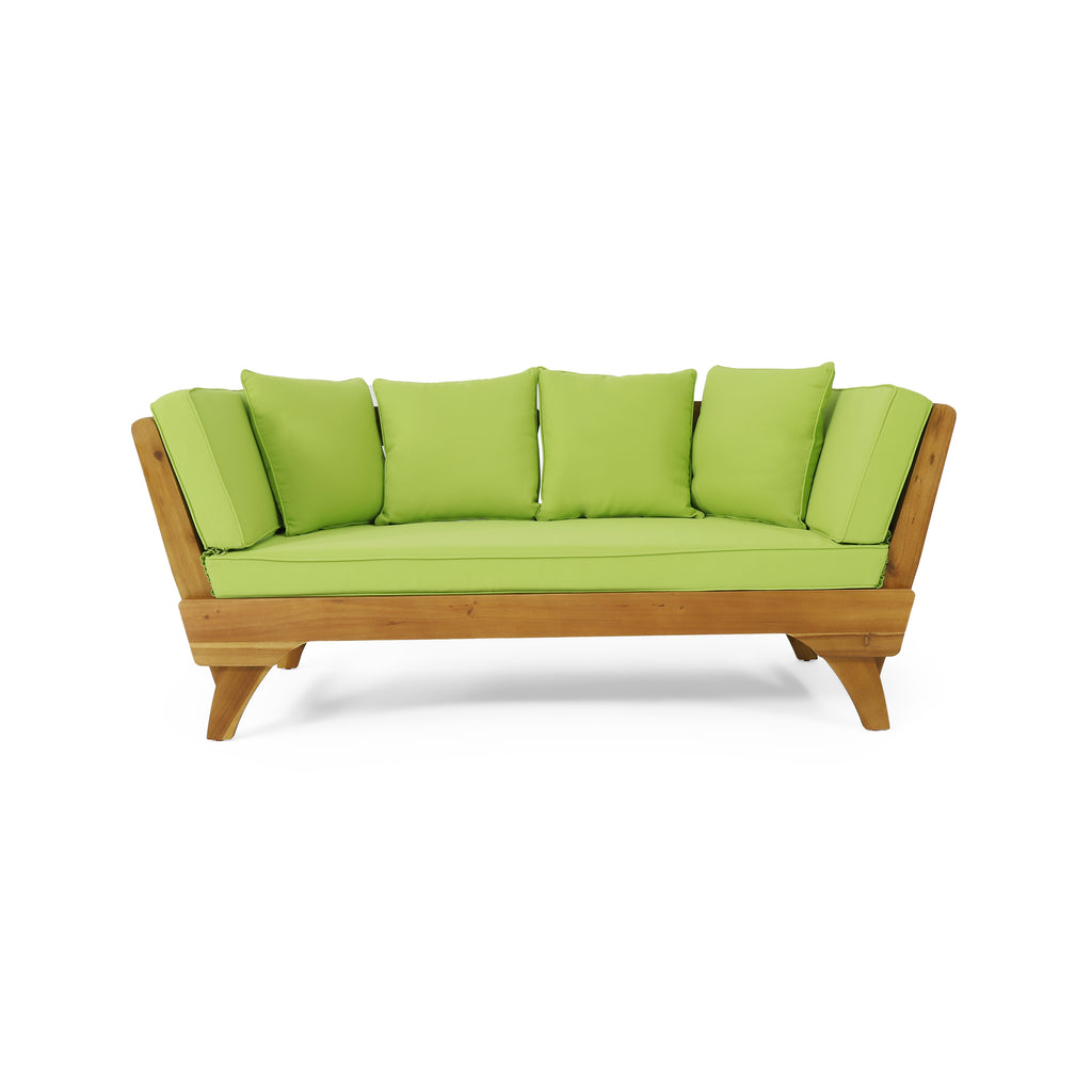 Serene Outdoor Acacia Wood Expandable Daybed with Cushions, Teak, Light Green, and Khaki Noble House