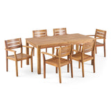 Wilson Outdoor 7 Piece Teak Finished Acacia Wood Dining Set with Expandable Dining Table Noble House