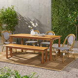 Noble House Pepple Outdoor Acacia Wood and Wicker 6 Piece Dining Set with Bench, Teak, Gray, and White