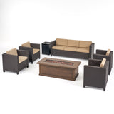 Gastman Outdoor 7 Seater Wicker Chat Set with Fire Pit, Dark Brown and Beige Noble House