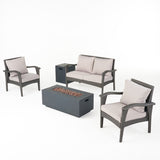 Kalo Outdoor 4 Seater Wicker Chat Set with Fire Pit, Gray and Light Gray Noble House