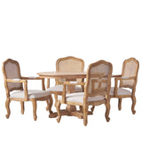 Noble House Ardyce French Country Upholstered Wood and Cane 5 Piece Circular Dining Set, Natural and Light Gray