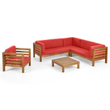 Oana Outdoor 6 Seater Acacia Wood Sectional Sofa and Club Chair Set, Teak Finish and Red Noble House