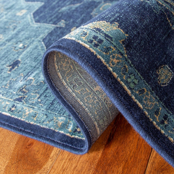 Vintage 873 Traditional Power Loomed 72% Viscose 15% Cotton 13% Polyester Rug Navy / Teal