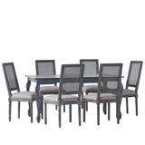 Noble House Regan French Country Fabric Upholstered Wood and Cane Expandable 7 Piece Dining Set, Gray