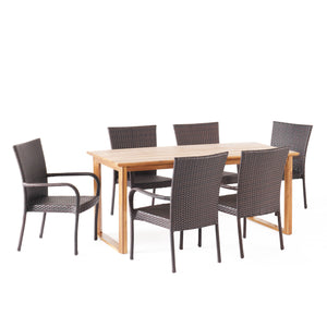 Noble House Nibley Outdoor Acacia Wood and Wicker 7 Piece Dining Set, Teak and Multibrown