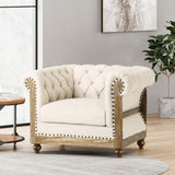 Voll Chesterfield Tufted Fabric Club Chair with Nailhead Trim, Beige and Dark Brown Noble House