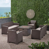 Noble House Gazena Outdoor Faux Wicker 8 Seater Sofa and Club Chair Set with Fire Pit, Brown and Mixed Beige