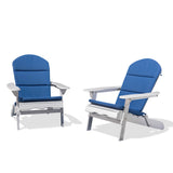 Malibu Outdoor Acacia Wood Folding Adirondack Chairs with Cushions (Set of 2), White and Navy Blue