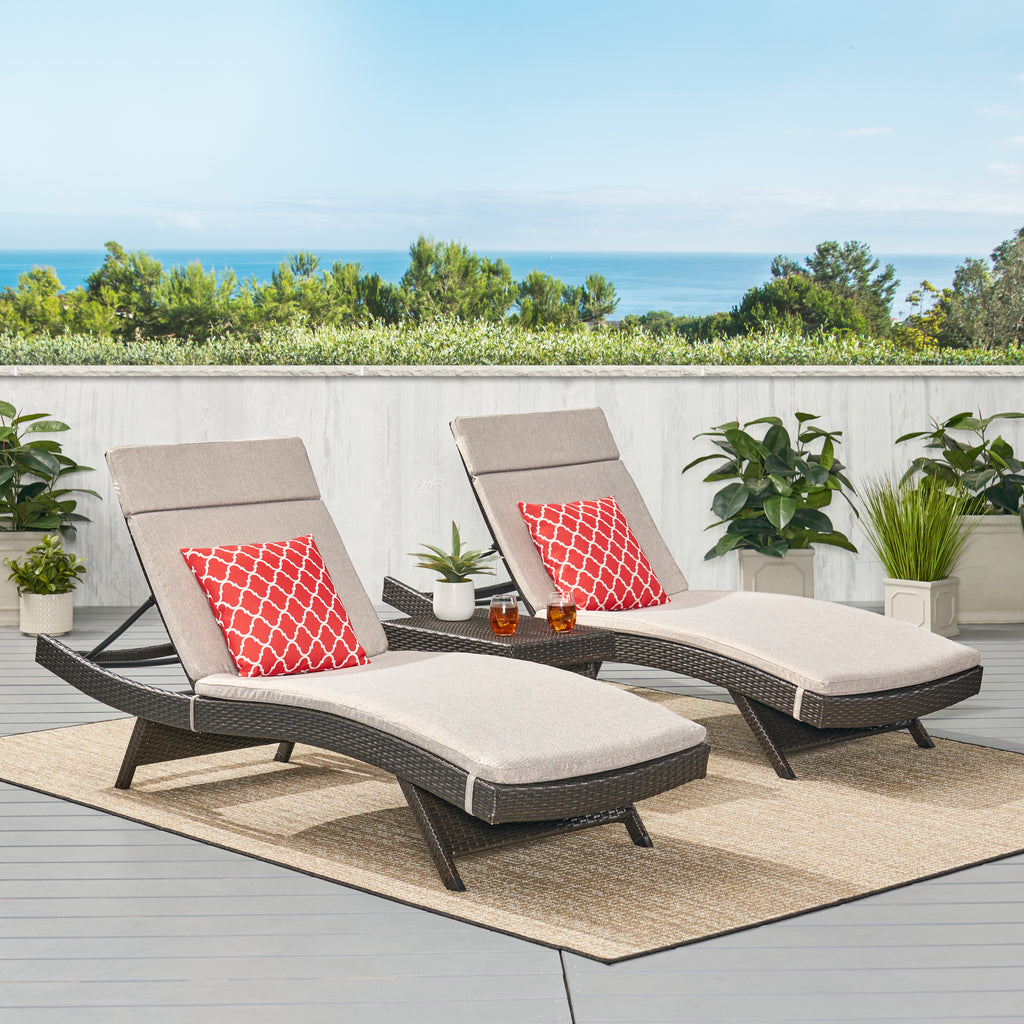 Salem 3 Piece Outdoor Multibrown Wicker Lounge with Charcoal Water Resistant Cushions and Coffee Table Noble House