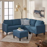 Zahra Deep Blue Fabric Sectional Couch with Ottoman