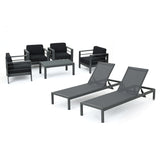 Cape Coral Outdoor Grey Aluminum 7 Piece Chat Set with Dark Grey Water Resistant Cushions and Pair of Lounges Noble House