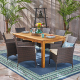 Noble House Nadia Outdoor 7 Piece Wood and Wicker Expandable Dining Set, Natural and Multi Brown and Beige