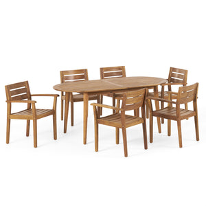 Midvale Patio Dining Set, 71" 6-Seater, Oval Table, Acacia Wood with Teak Finish Noble House