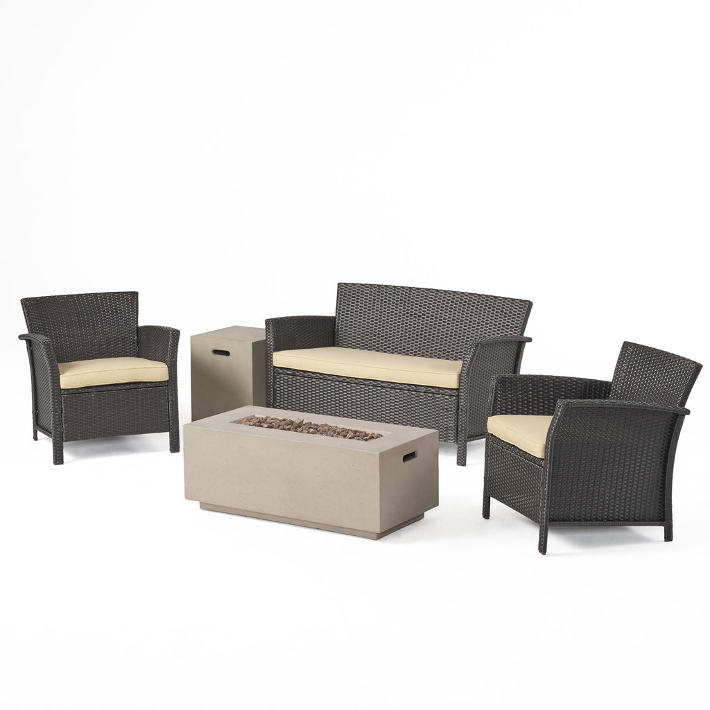St. Lucia Outdoor 4 Seater Wicker Chat Set with Fire Pit, Brown and Tan and Light Gray Noble House