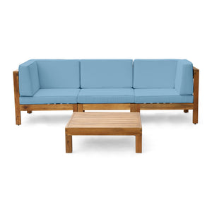 Brava Outdoor Modular Acacia Wood Sofa and Coffee Table Set with Cushions, Teak and Blue Noble House