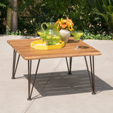 Zion Outdoor Industrial Teak Finish Acacia Wood Coffee Table with Rustic Metal Finish Iron Frame Noble House