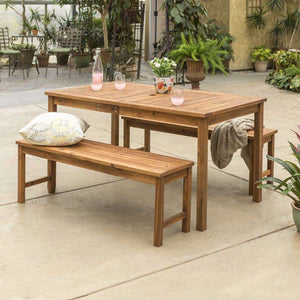 3-Piece Modern Acacia Wood Patio Dining Set with Table & Benches for Stylish Outdoor Gatherings