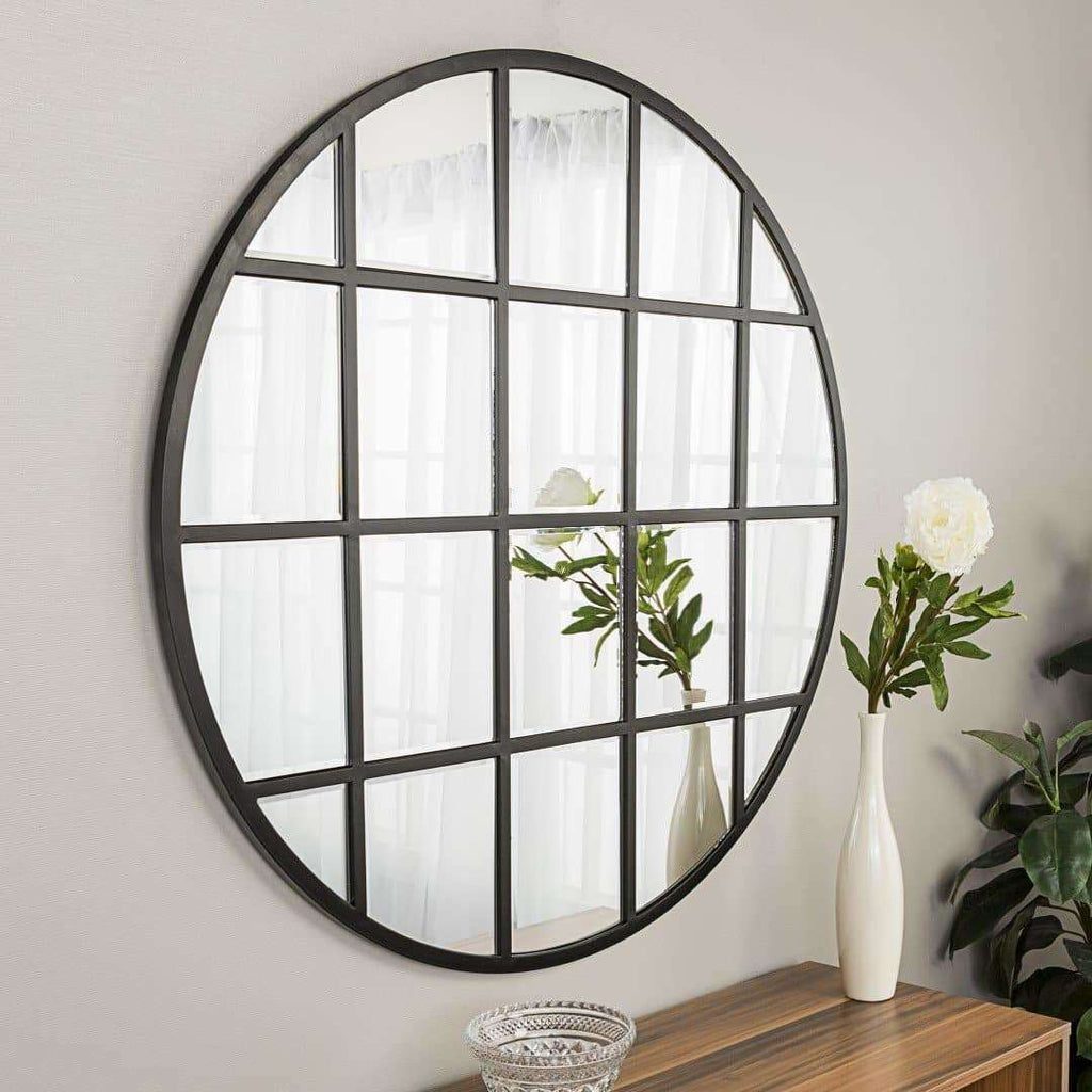 40" Modern Round Window Wall Mirror in Powder-Coated Metal