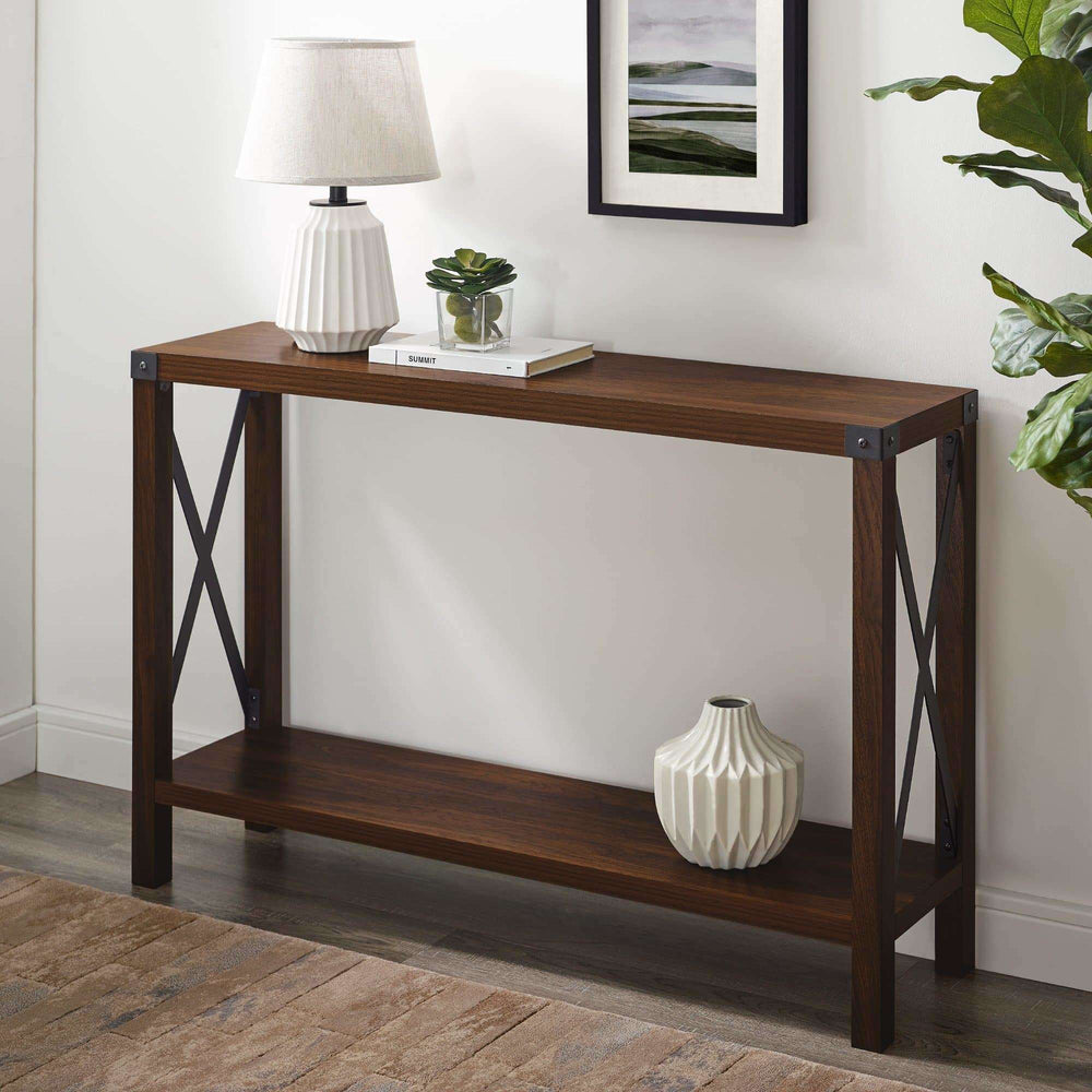 46" Rustic Farmhouse Entryway Table with Metal Accents & Open Shelf - Stylish Home Decor Solution
