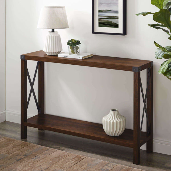 46" Rustic Farmhouse Entryway Table with Metal Accents & Open Shelf - Stylish Home Decor Solution
