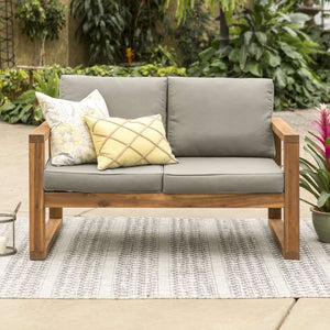 52" Modern Patio Loveseat - Brown in Acacia Wood, Polyester