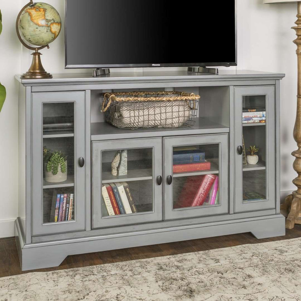 52" Transitional Highboy Glass Wood TV Stand - Stylish Entertainment Center with Adjustable Shelving